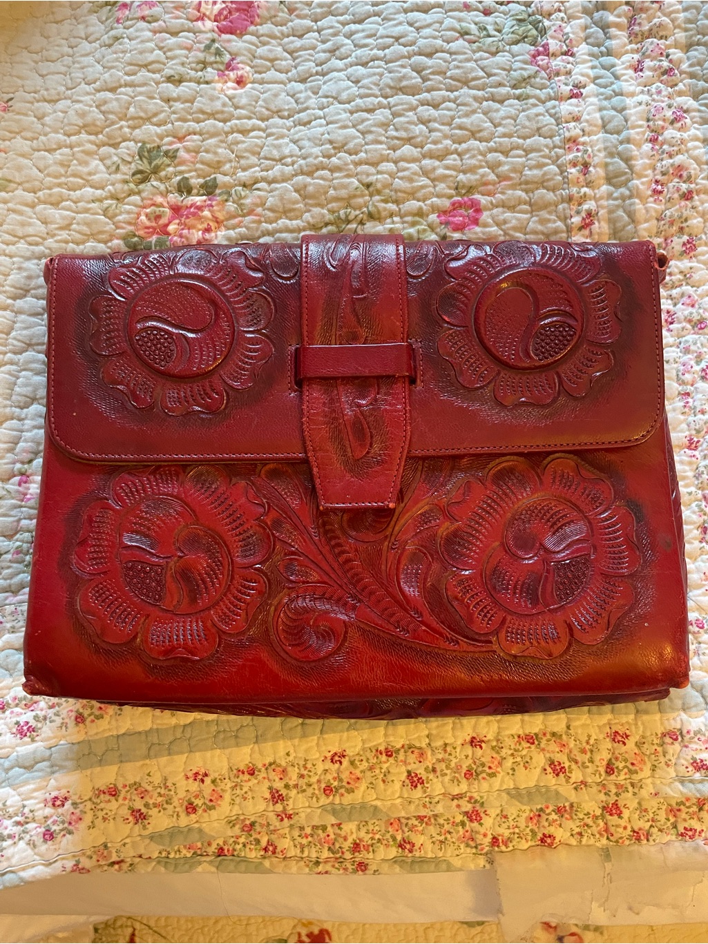 Tooled Floral Leather Clutch In Deep Red